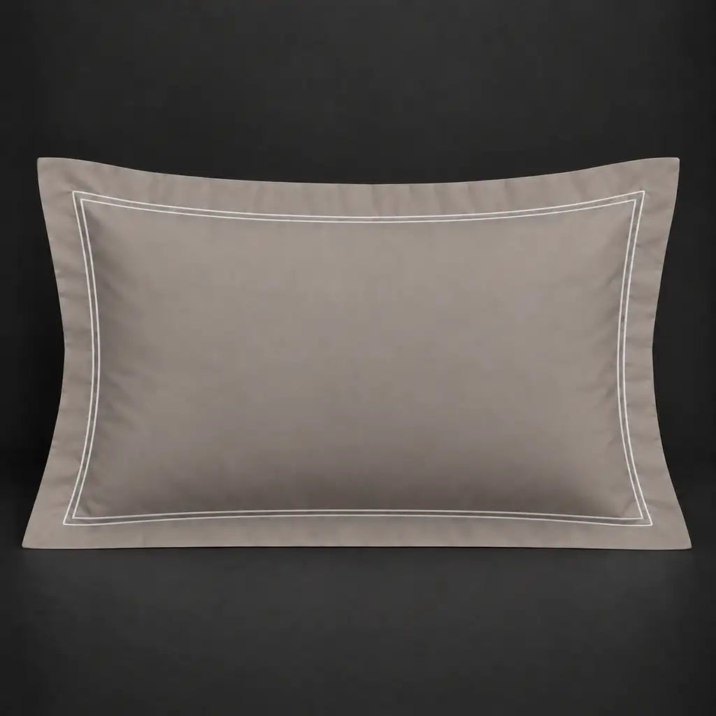 Stone Oxford 200TC cotton percale pillowcase for Standard and King sizes with two row white satin stitch border by Linen and Co