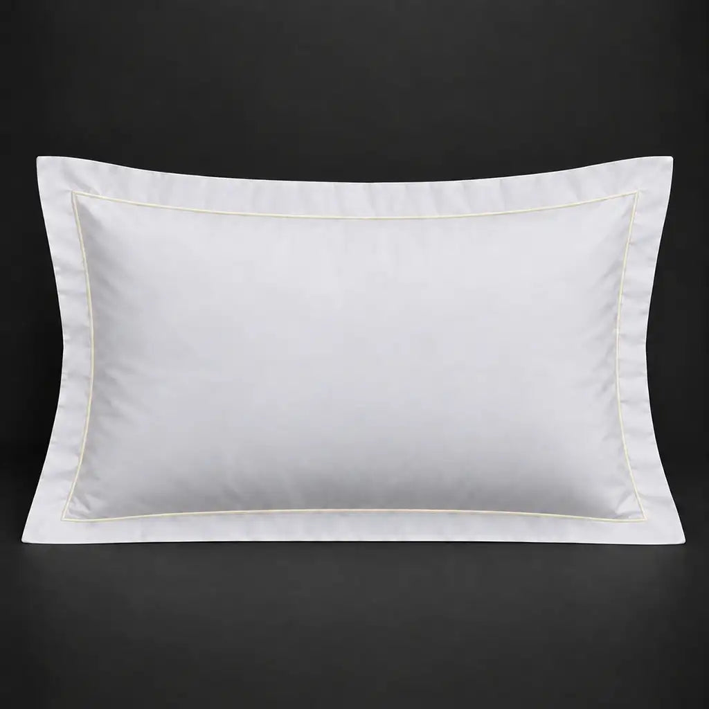 White Oxford 200TC 100% cotton percale pillowcase for Standard and King sizes with one row cream satin stitch border by Linen and Co