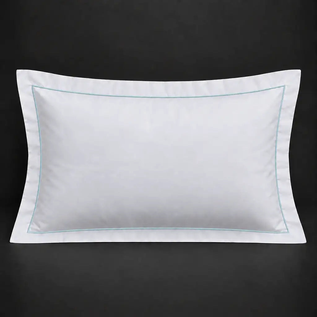 White Oxford 200TC 100% cotton percale pillowcase for Standard and King sizes with one row duck egg satin stitch border by Linen and Co