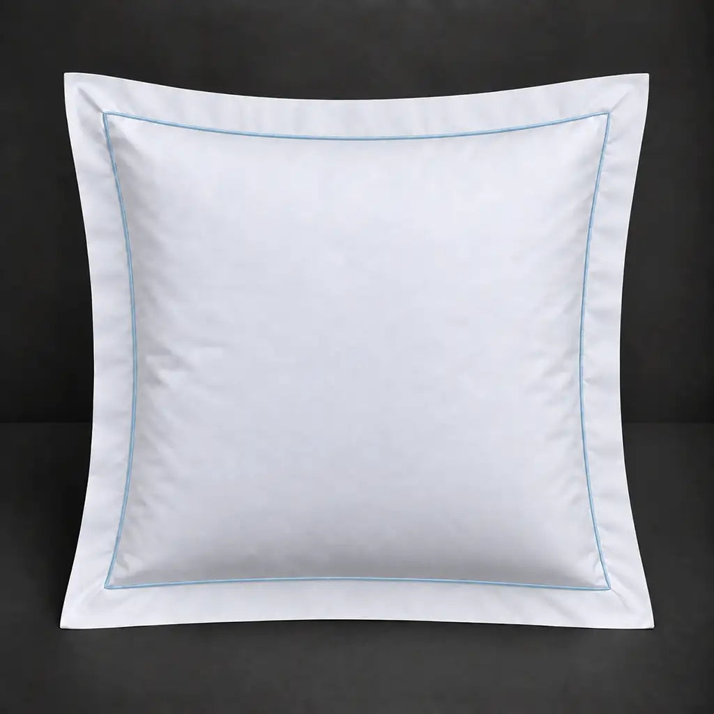 White Oxford 300TC 100% cotton percale continental pillowcase with one row duck egg satin stitch border by Linen and Co