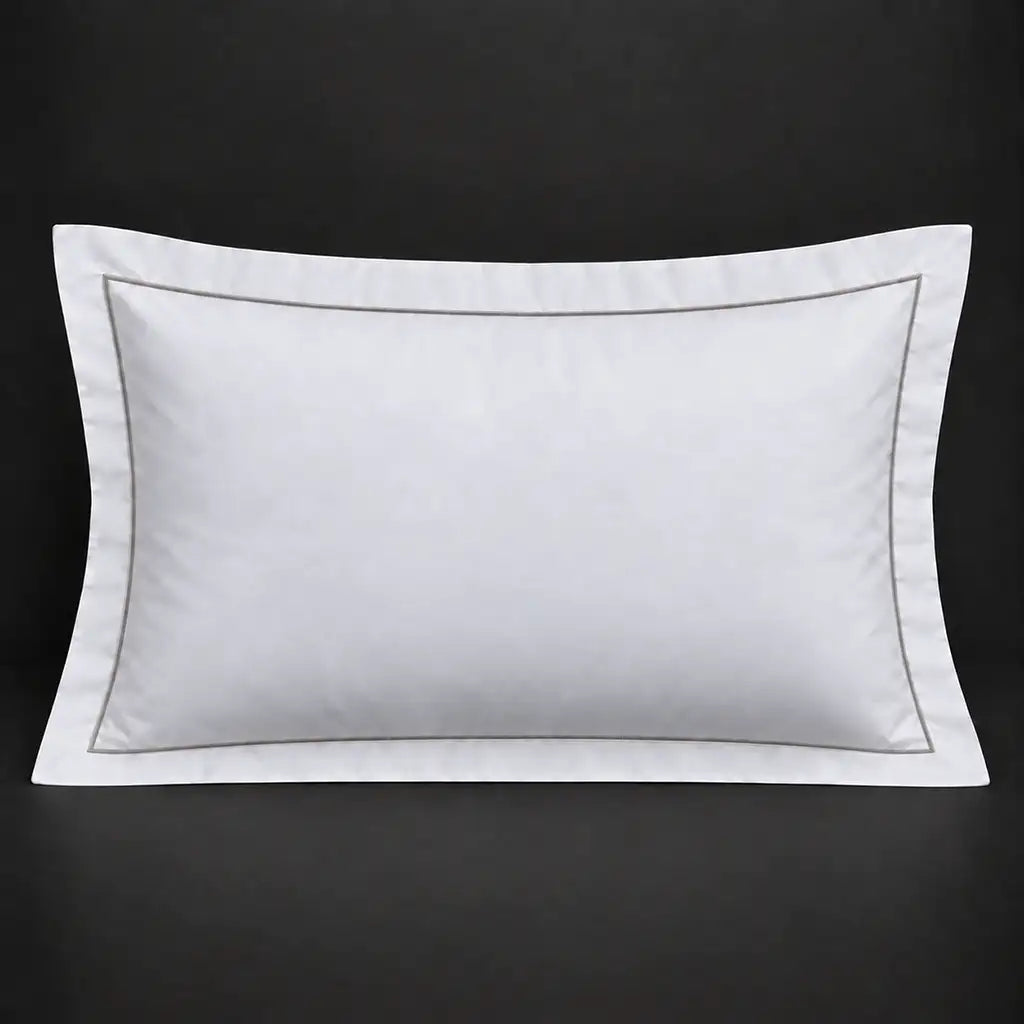 White Oxford 200TC 100% cotton percale pillowcase for Standard and King sizes with one row grey satin stitch border by Linen and Co