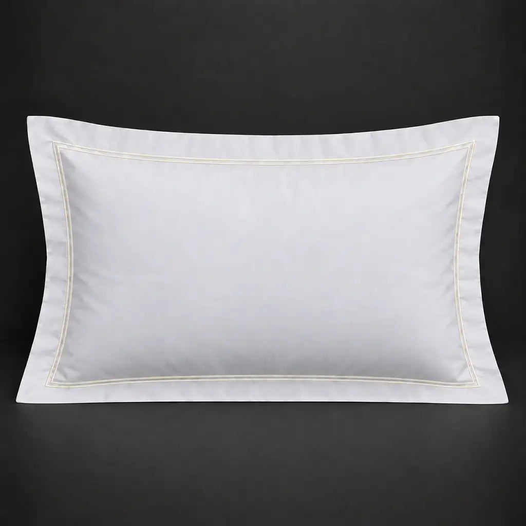 White Oxford 200TC 100% cotton percale pillowcase for Standard and King sizes with two row cream satin stitch border by Linen and Co