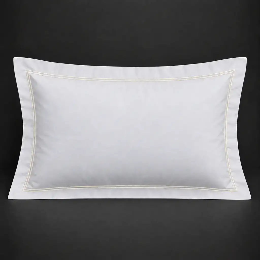 White Oxford 300TC 100% cotton percale pillowcase for Standard and King sizes with two row cream satin stitch border by Linen and Co