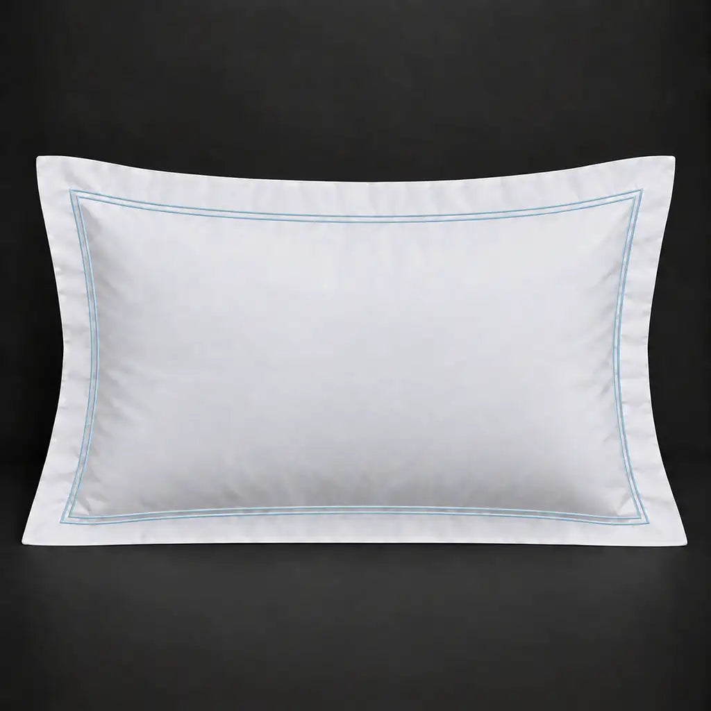 White Oxford 200TC 100% cotton percale pillowcase for Standard and King sizes with two row duck egg satin stitch border by Linen and Co