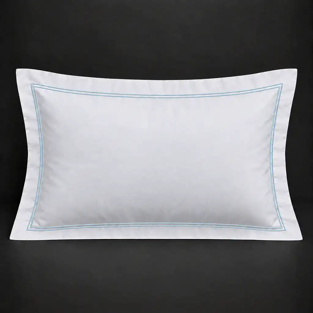 White Oxford 300TC 100% cotton percale pillowcase for Standard and King sizes with two row duck egg satin stitch border by Linen and Co