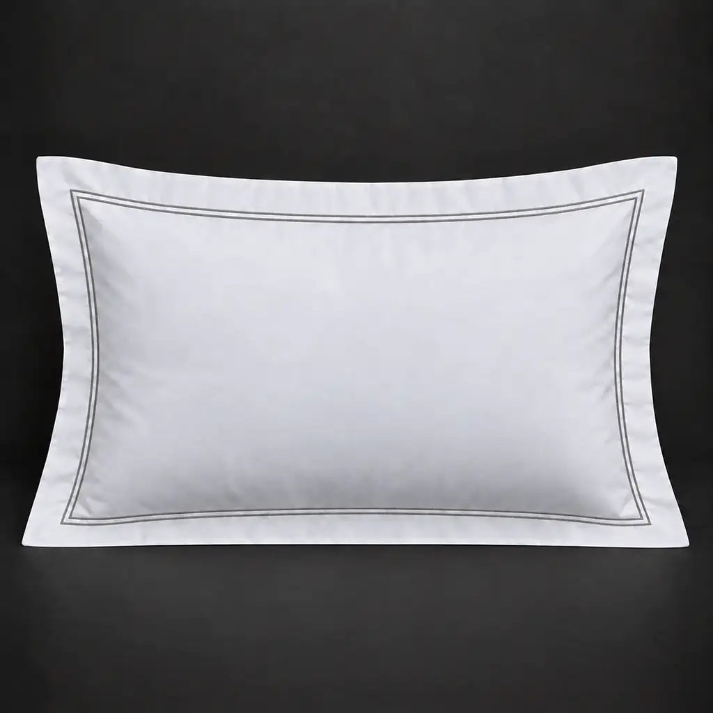 White Oxford 200TC 100% cotton percale pillowcase for Standard and King sizes with two row grey satin stitch border by Linen and Co