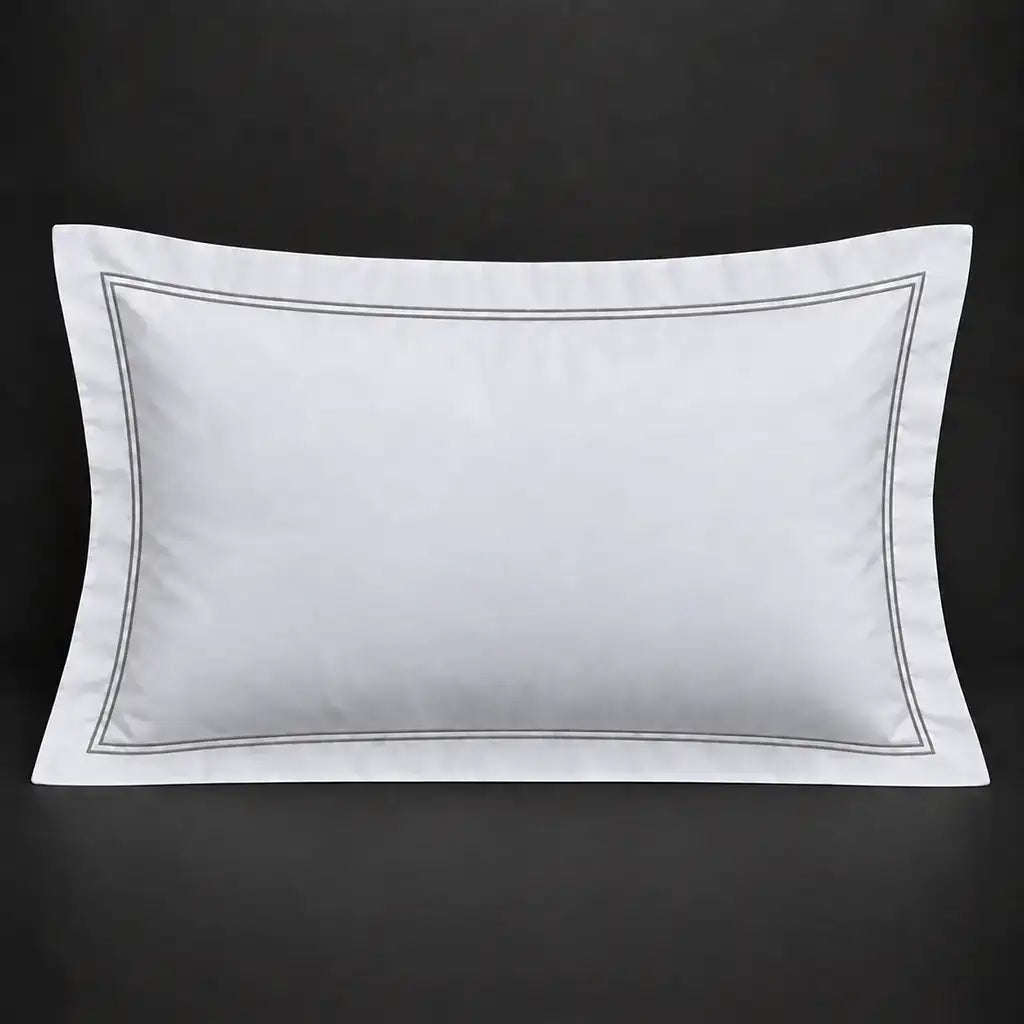 White Oxford 300TC 100% cotton percale pillowcase for Standard and King sizes with two row grey satin stitch border by Linen and Co