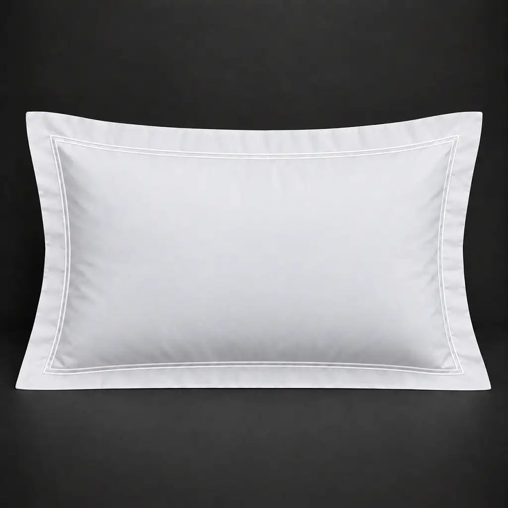 White Oxford 200TC 100% cotton percale pillowcase for Standard and King sizes with two row white satin stitch border by Linen and Co