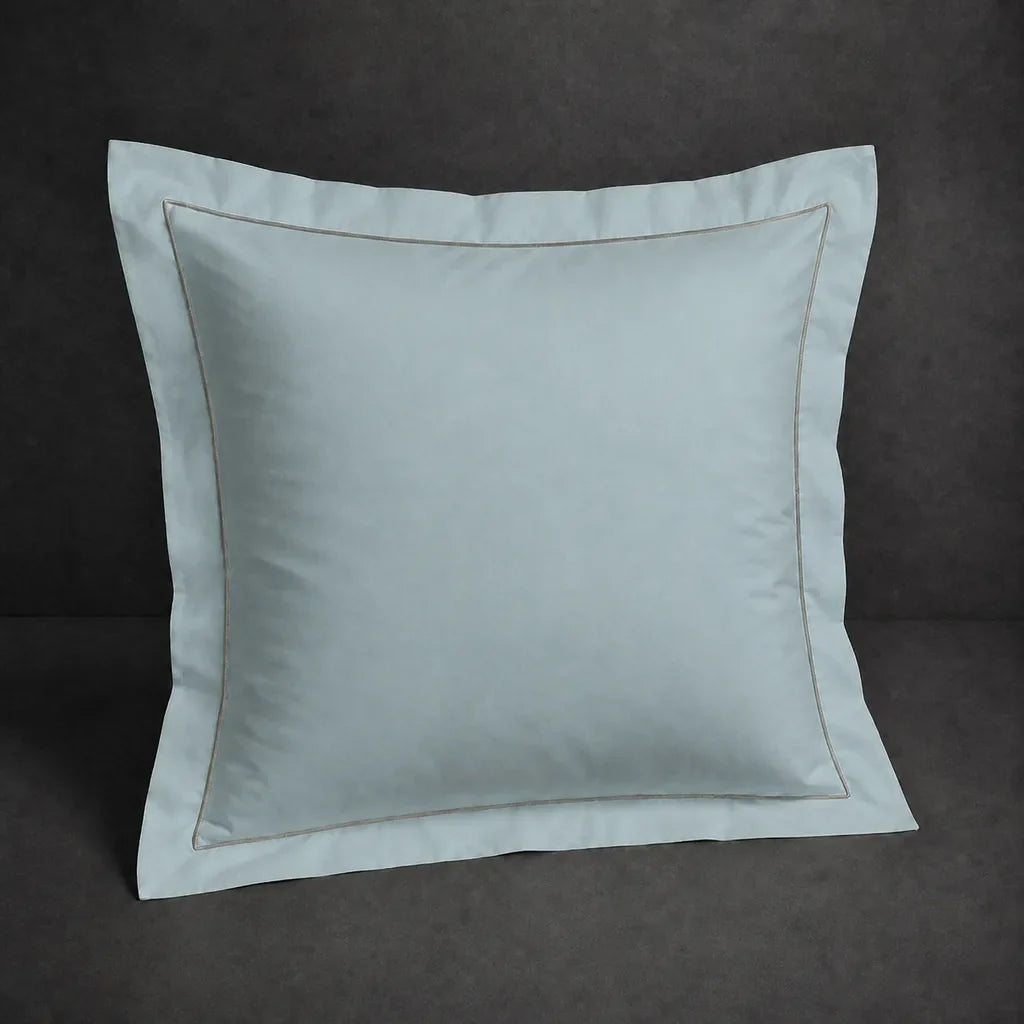 Duck Egg polycotton percale 200TC Oxford pillow case, Continental, grey one row satin stitch — front view.