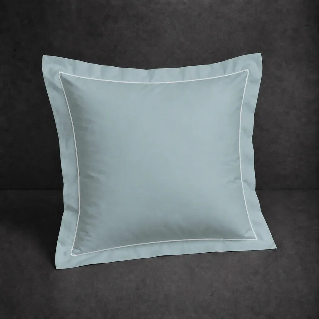 Duck Egg polycotton percale 200TC Oxford pillow case, Continental, white one row satin stitch — front view.