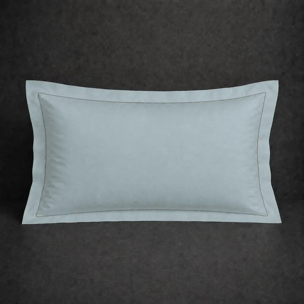 Duck Egg polycotton percale 200TC Oxford pillow case, Standard and King, grey one row satin stitch — front view.