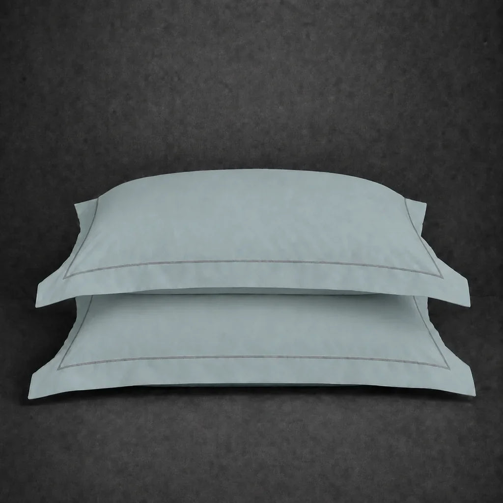 Duck Egg polycotton percale 200TC Oxford pillow case, Standard and King, grey one row satin stitch — stacked pair view.