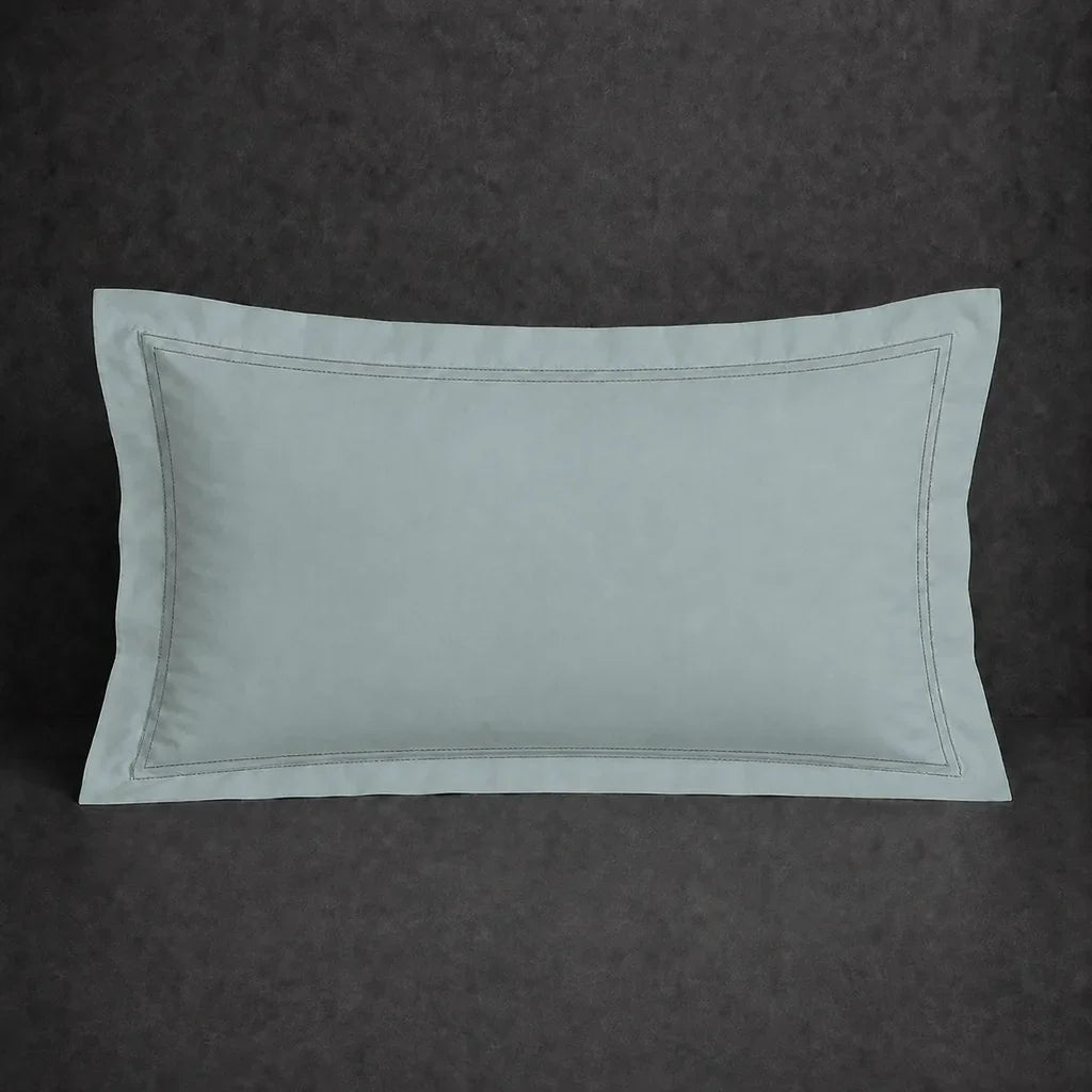 Duck Egg polycotton percale 200TC Oxford pillow case, Standard and King, grey two row satin stitch — front view.