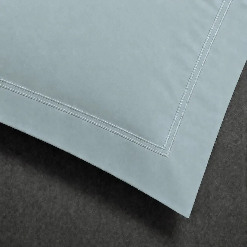 Duck Egg polycotton percale 200TC Oxford pillow case, Standard and King, natural cream two row satin stitch — close-up detail.