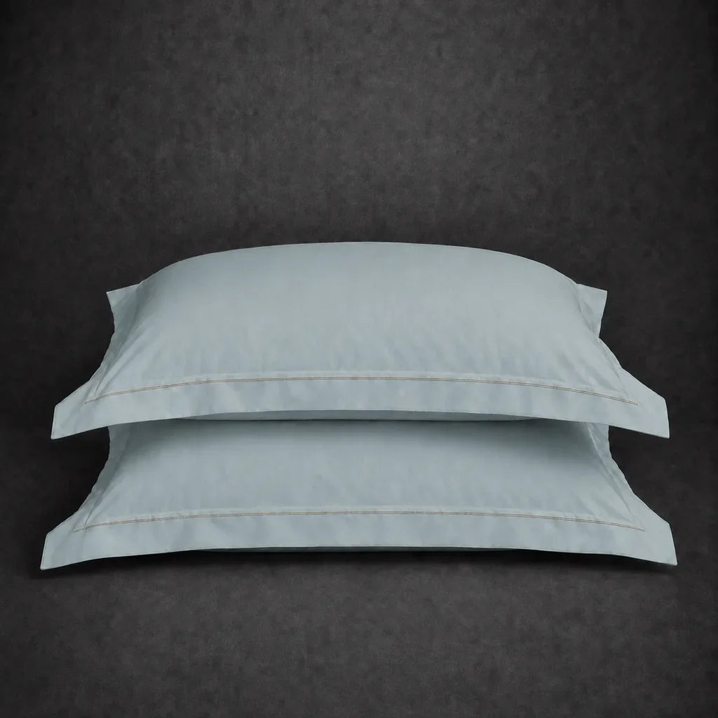 Duck Egg polycotton percale 200TC Oxford pillow case, Standard and King, stone one row satin stitch — stacked pair view.