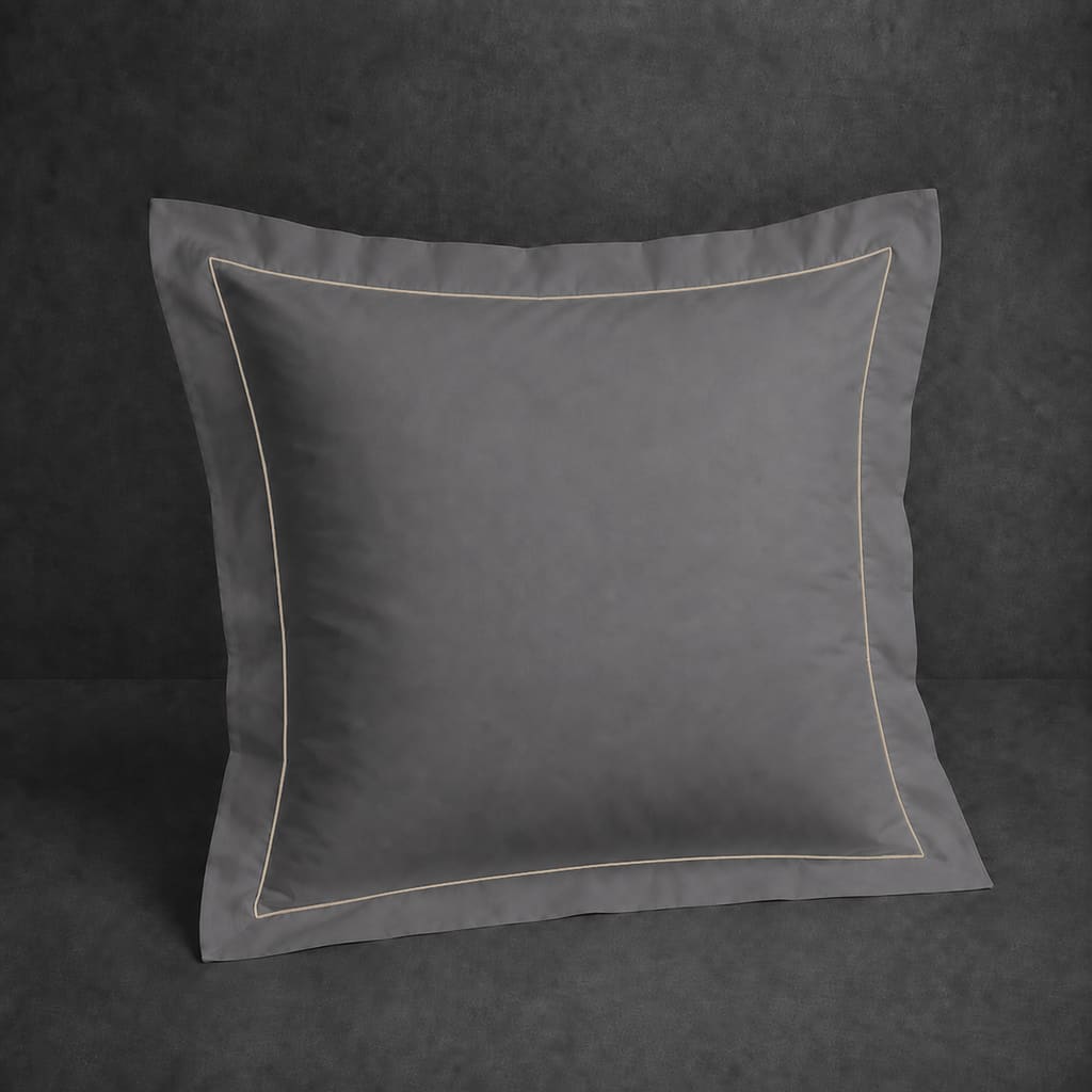 Grey polycotton percale 200TC Oxford pillow case, Continental, Stone one row satin stitch — front view.