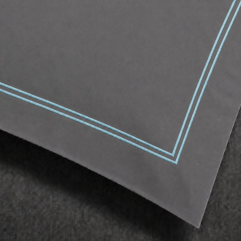 Grey polycotton percale 200TC Oxford pillow case, Standard and King, Duck Egg two row satin stitch — close-up detail.