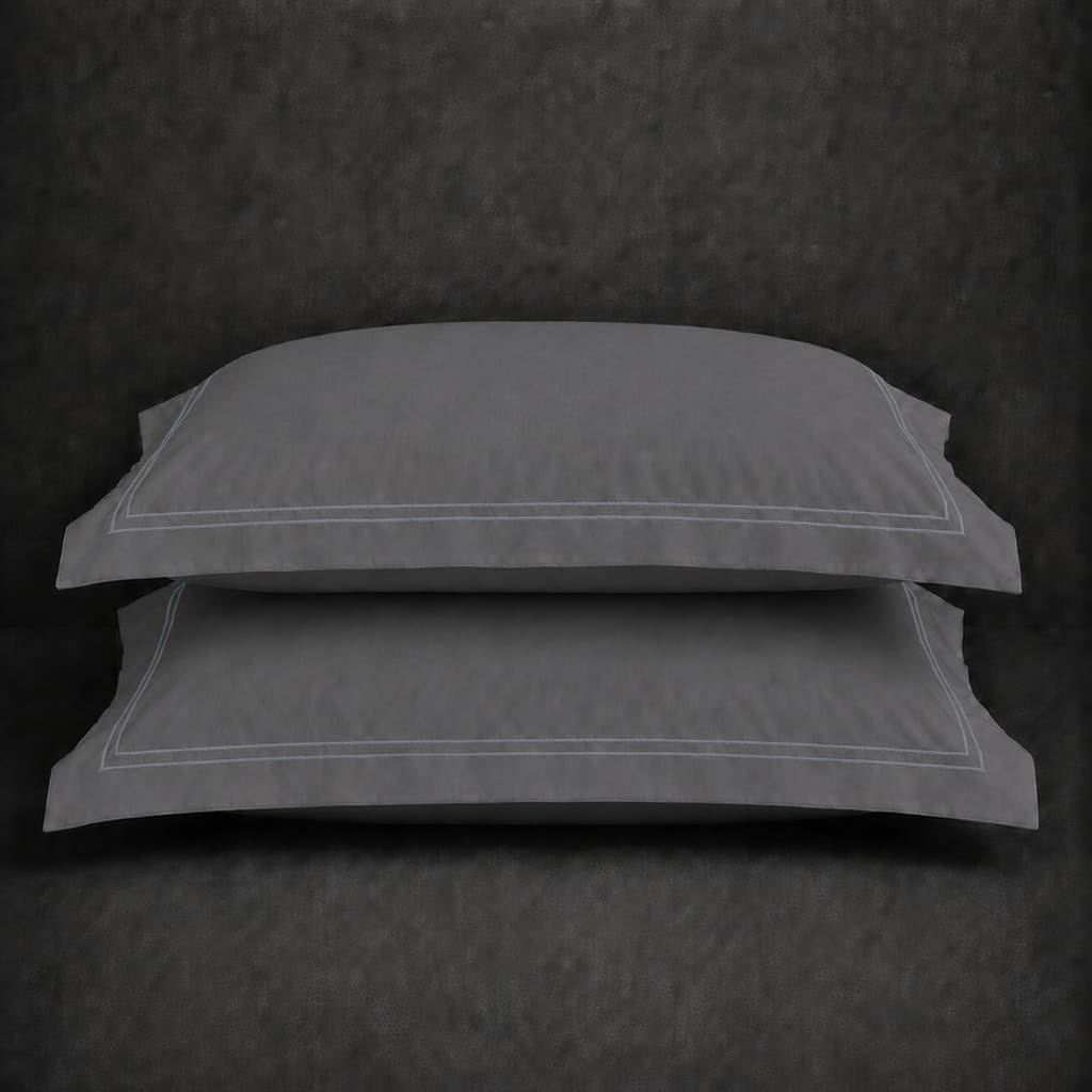 Grey polycotton percale 200TC Oxford pillow case, Standard and King, Grey two row satin stitch — stacked pair view.