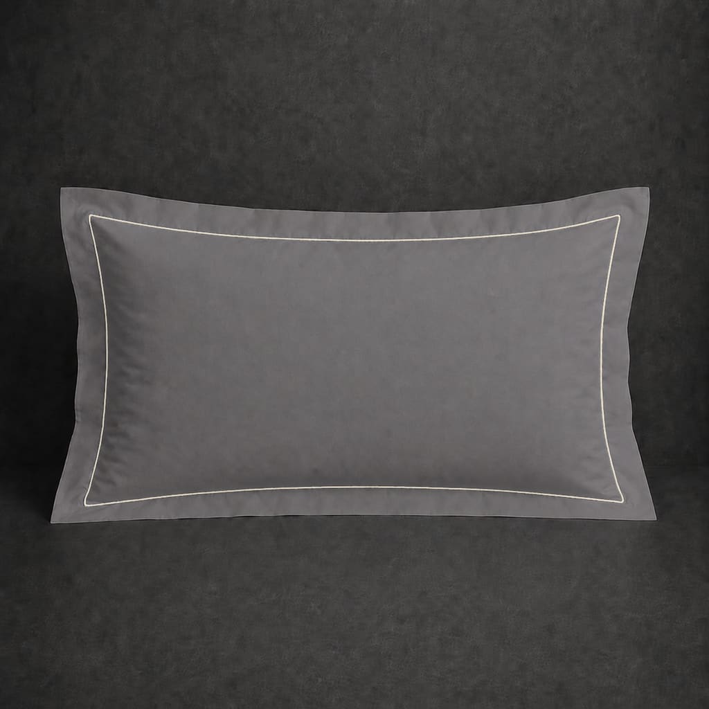 Grey polycotton percale 200TC Oxford pillow case, Standard and King, Natural Cream one row satin stitch — front view.