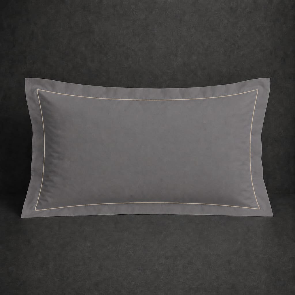 Grey polycotton percale 200TC Oxford pillow case, Standard and King, Stone one row satin stitch — front view.