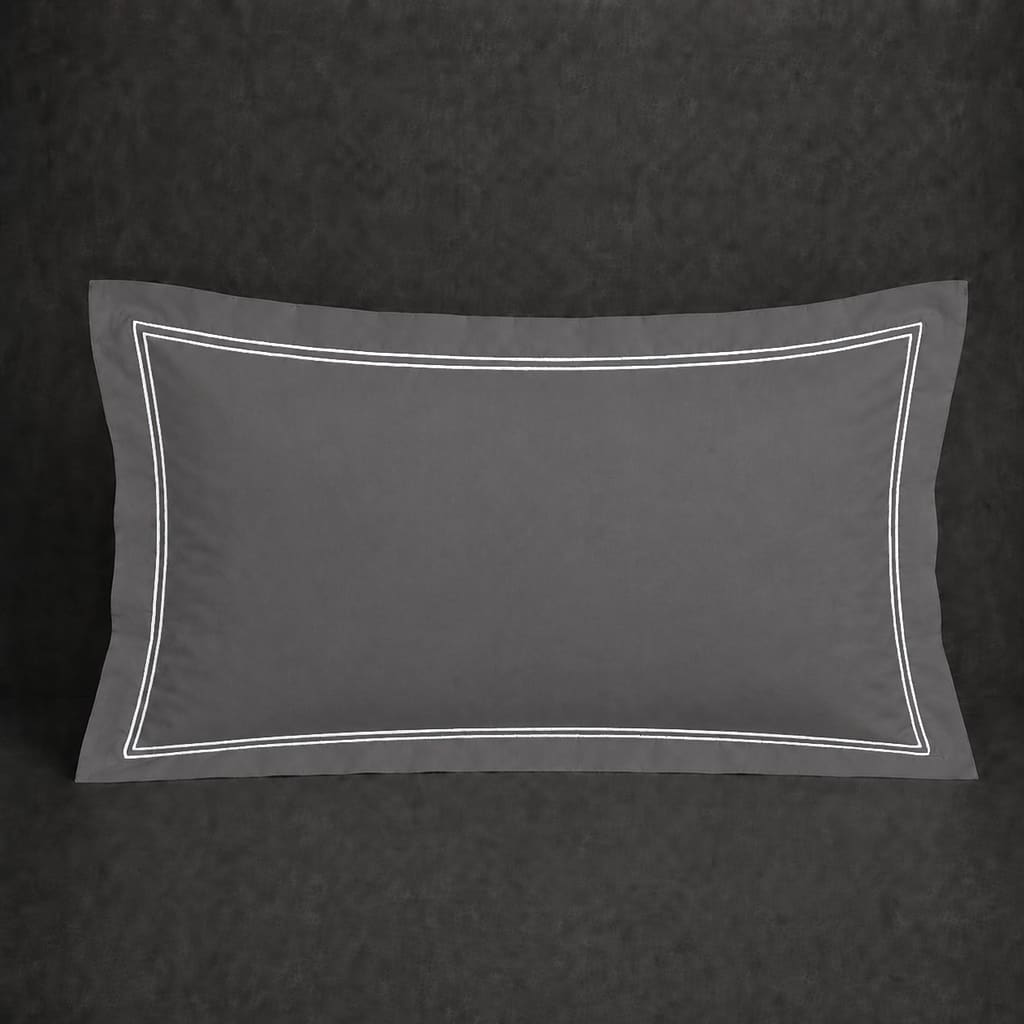 Grey polycotton percale 200TC Oxford pillow case, Standard and King, White two row satin stitch — front view.