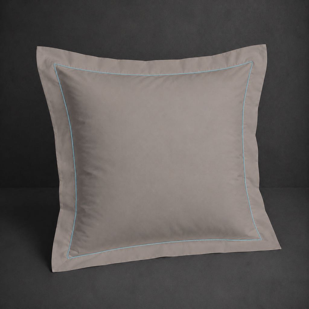 Stone polycotton percale 200TC Oxford pillow case, Continental, duck egg one row satin stitch — front view.