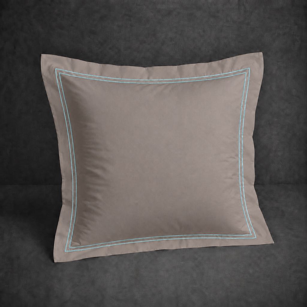 Stone polycotton percale 200TC Oxford pillow case, Continental, duck egg two row satin stitch — front view.