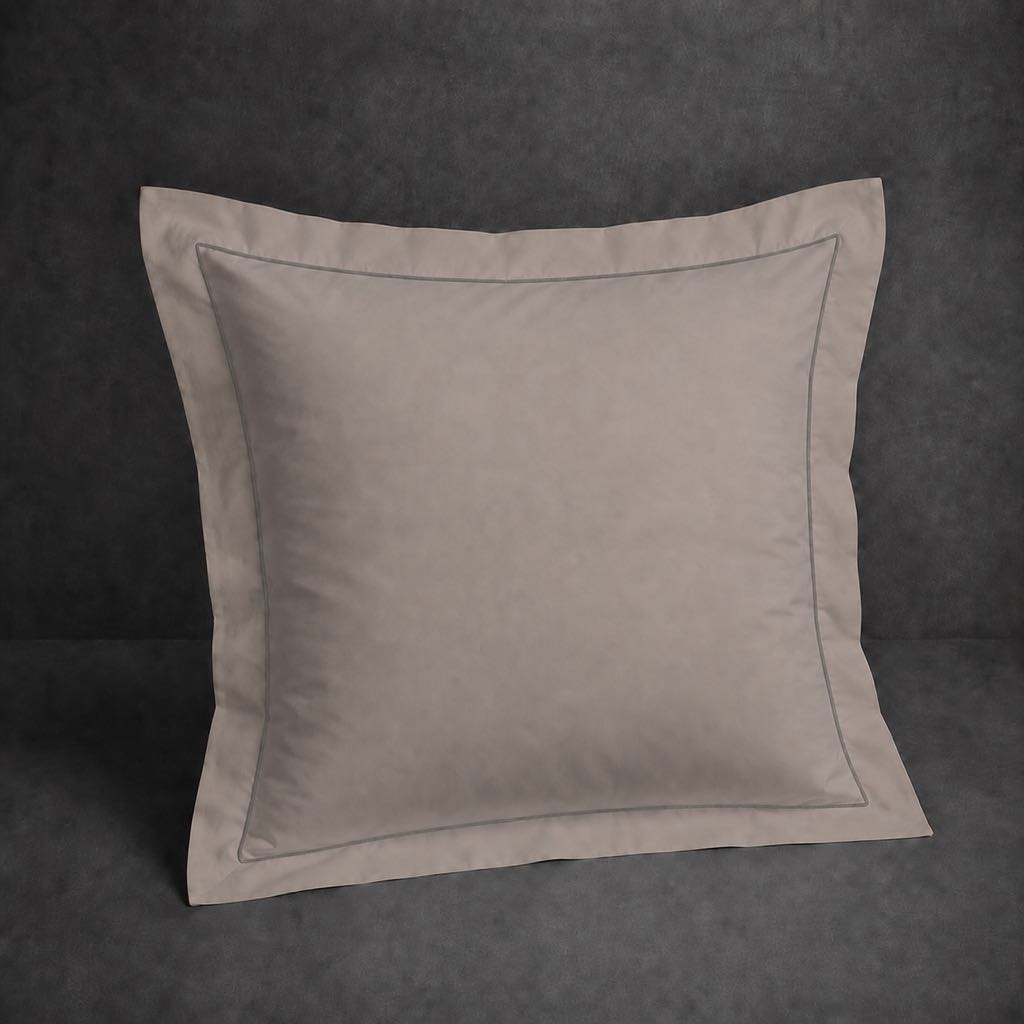 Stone polycotton percale 200TC Oxford pillow case, Continental, grey one row satin stitch — front view.