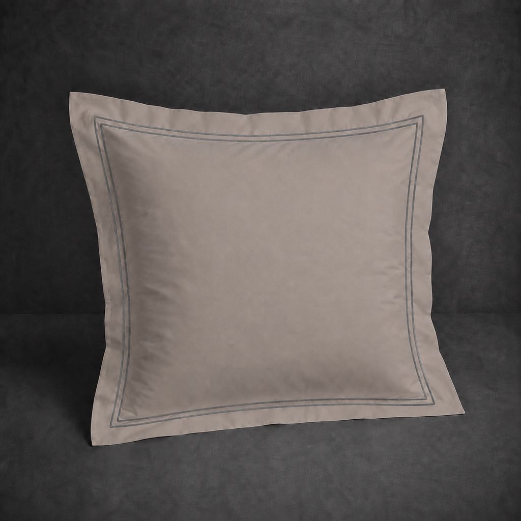 Stone polycotton percale 200TC Oxford pillow case, Continental, grey two row satin stitch — front view.