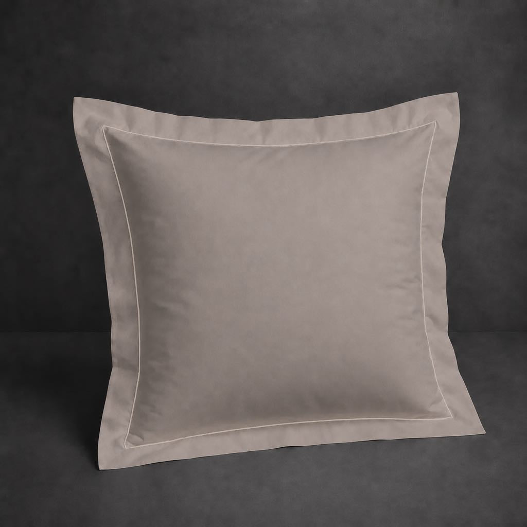 Stone polycotton percale 200TC Oxford pillow case, Continental, natural cream one row satin stitch — front view.