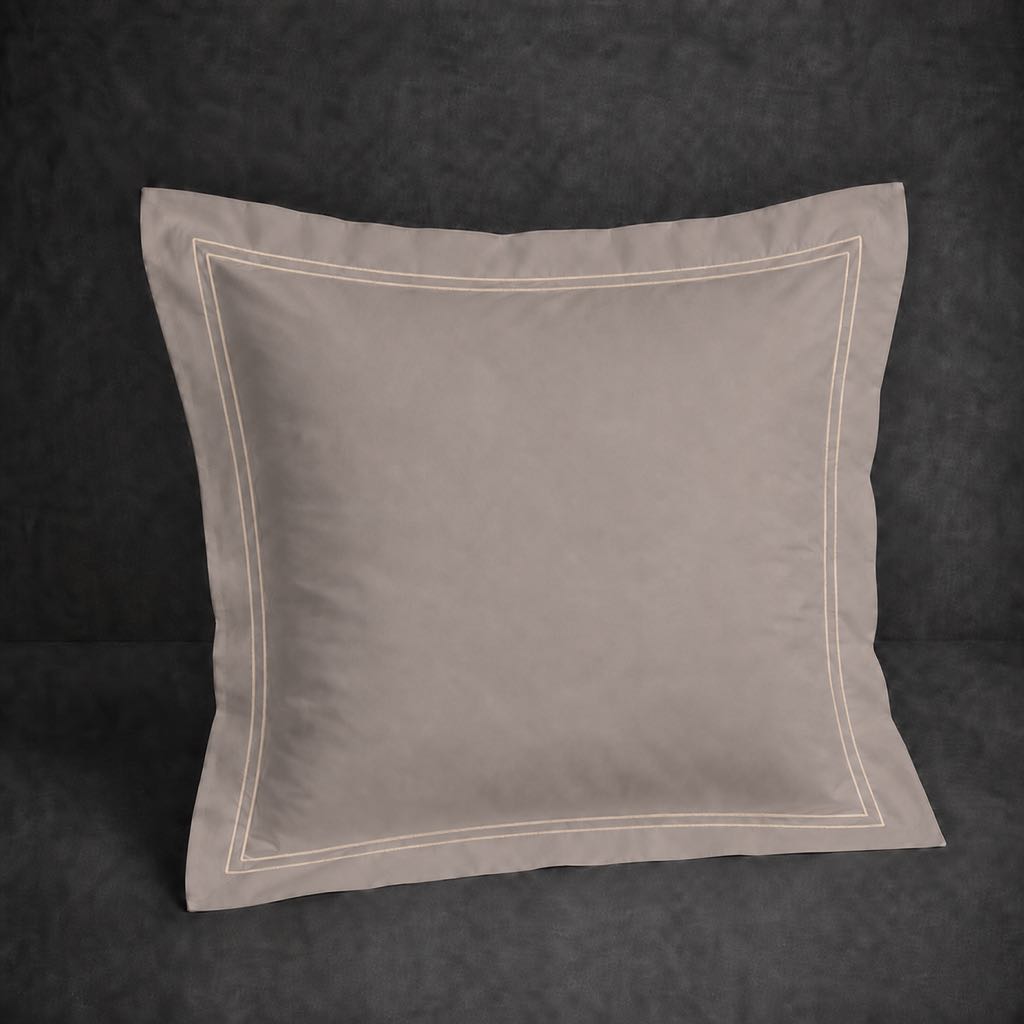Stone polycotton percale 200TC Oxford pillow case, Continental, natural cream two row satin stitch — front view.