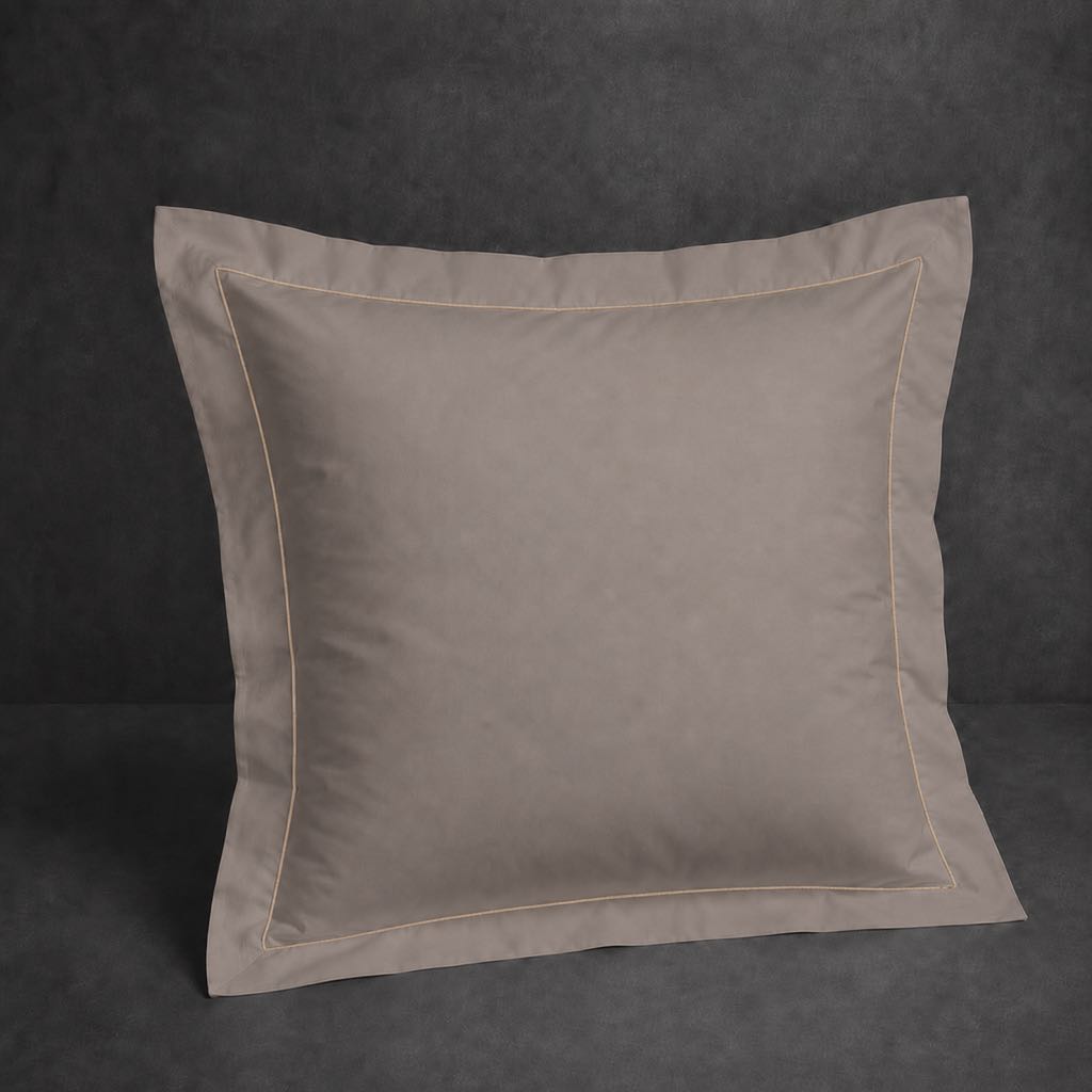 Stone polycotton percale 200TC Oxford pillow case, Continental, stone one row satin stitch — front view.