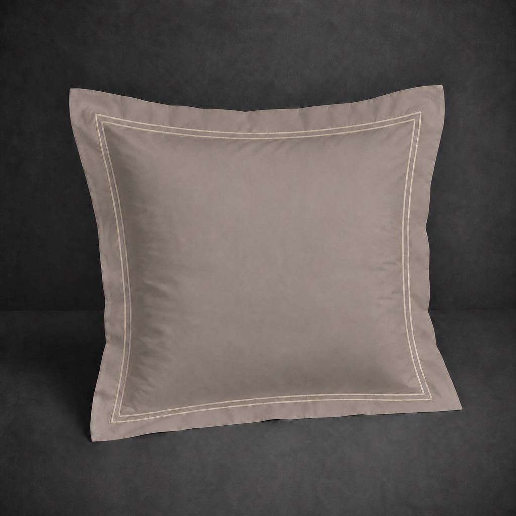 Stone polycotton percale 200TC Oxford pillow case, Continental, stone two row satin stitch — front view.
