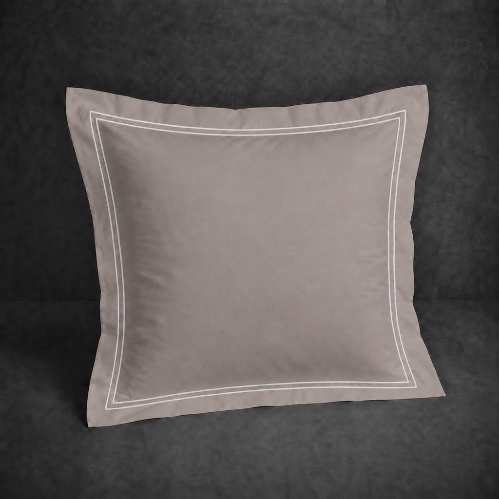 Stone polycotton percale 200TC Oxford pillow case, Continental, white two row satin stitch — front view.