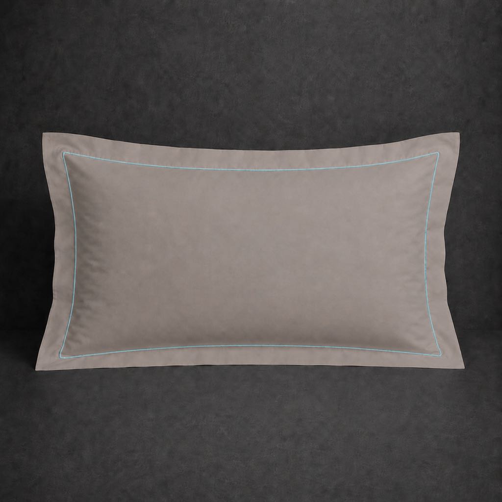 Stone polycotton percale 200TC Oxford pillow case, Standard and King, duck egg one row satin stitch — front view.