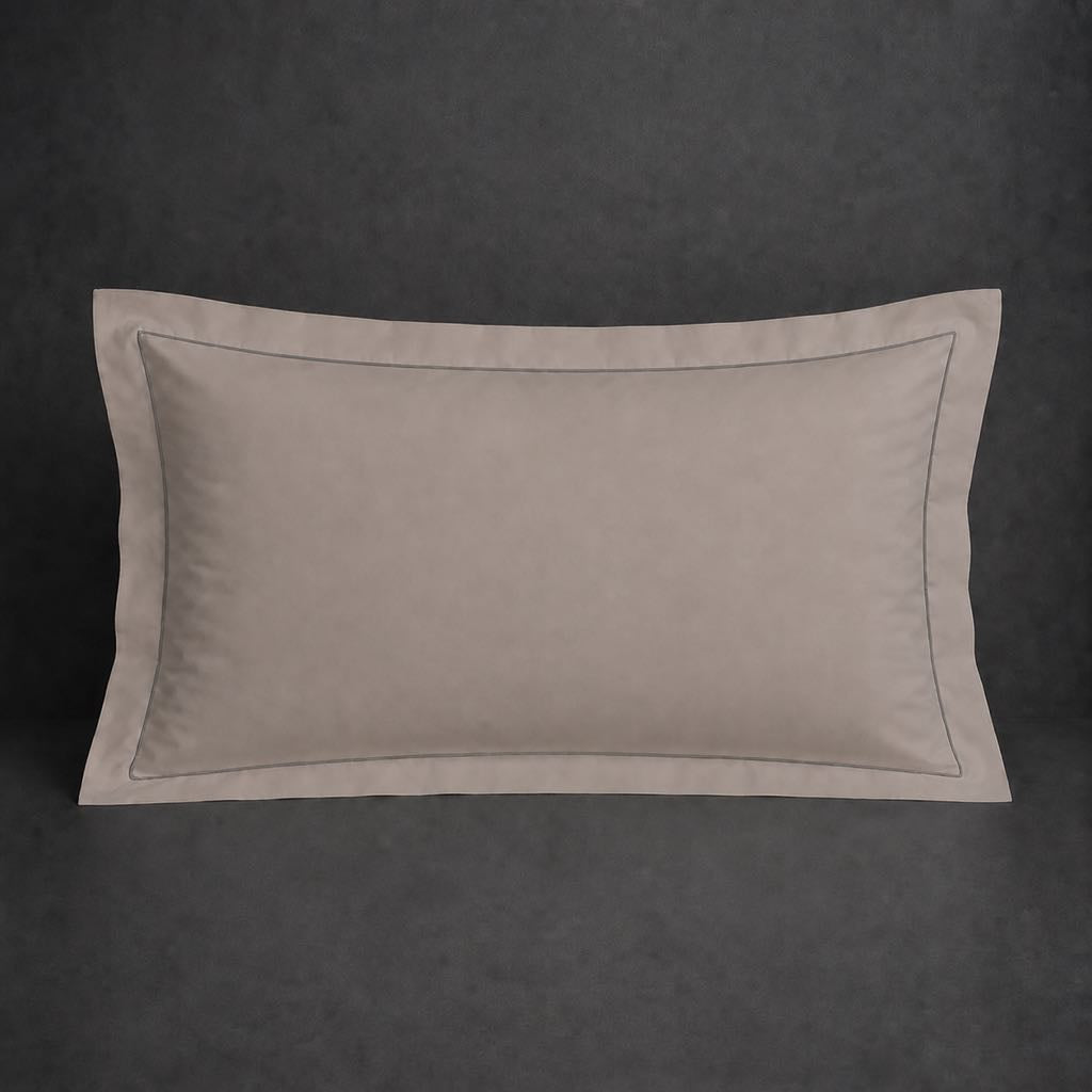 Stone polycotton percale 200TC Oxford pillow case, Standard and King, grey one row satin stitch — front view.