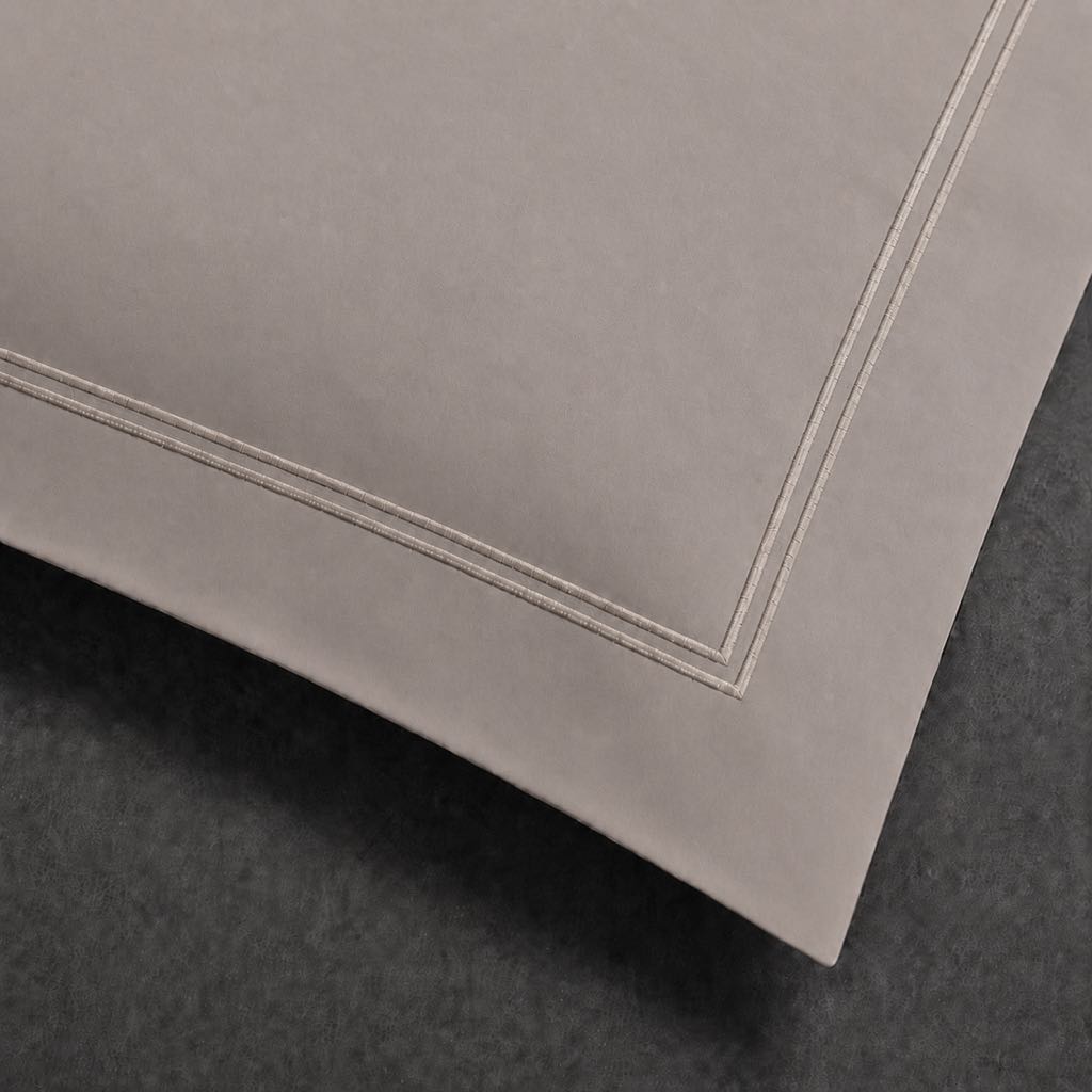 Stone polycotton percale 200TC Oxford pillow case, Standard and King, stone two row satin stitch — close-up detail.