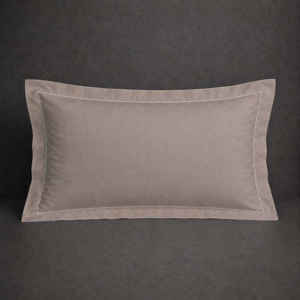 Stone polycotton percale 200TC Oxford pillow case, Standard and King, white one row satin stitch — front view.
