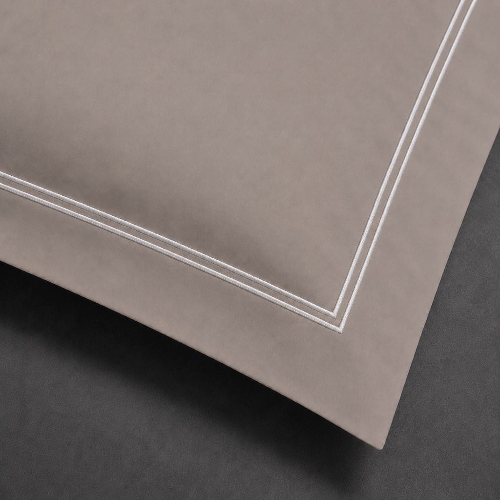 Stone polycotton percale 200TC Oxford pillow case, Standard and King, white two row satin stitch — close-up detail.