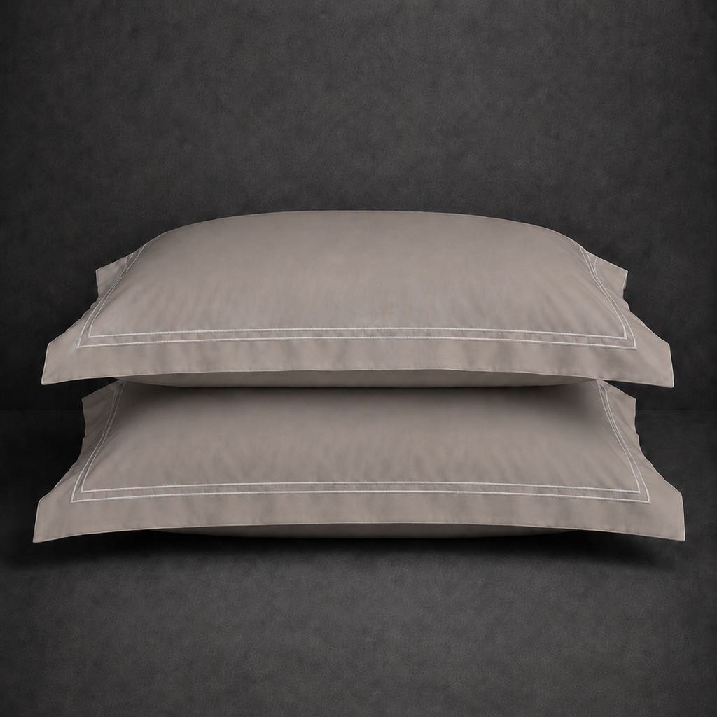 Stone polycotton percale 200TC Oxford pillow case, Standard and King, white two row satin stitch — stacked pair view.