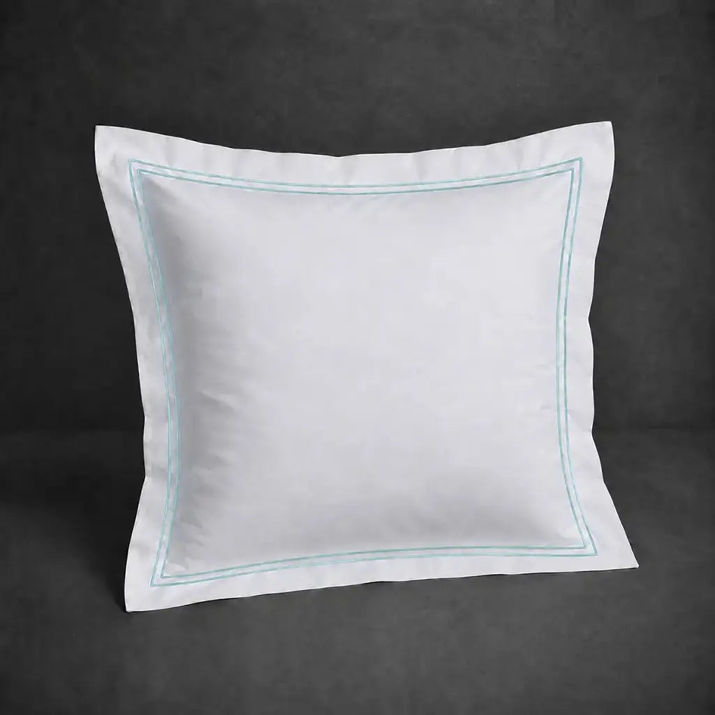 White polycotton percale 200TC Oxford pillow case, Continental, duck egg two-row satin stitch — front view.