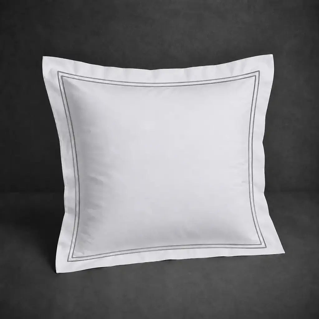 White polycotton percale 200TC Oxford pillow case, Continental, grey two-row satin stitch — front view.