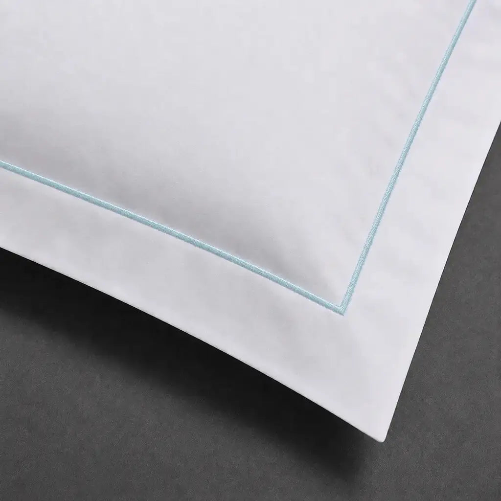 White polycotton percale 200TC Oxford pillow case, Standard and King, duck egg one-row satin stitch — close-up detail.