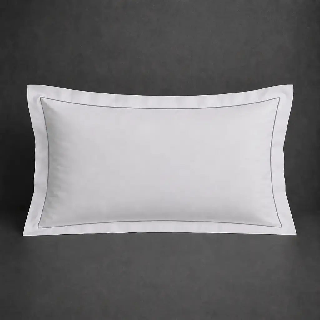 White polycotton percale 200TC Oxford pillow case, Standard and King, grey one-row satin stitch — front view.