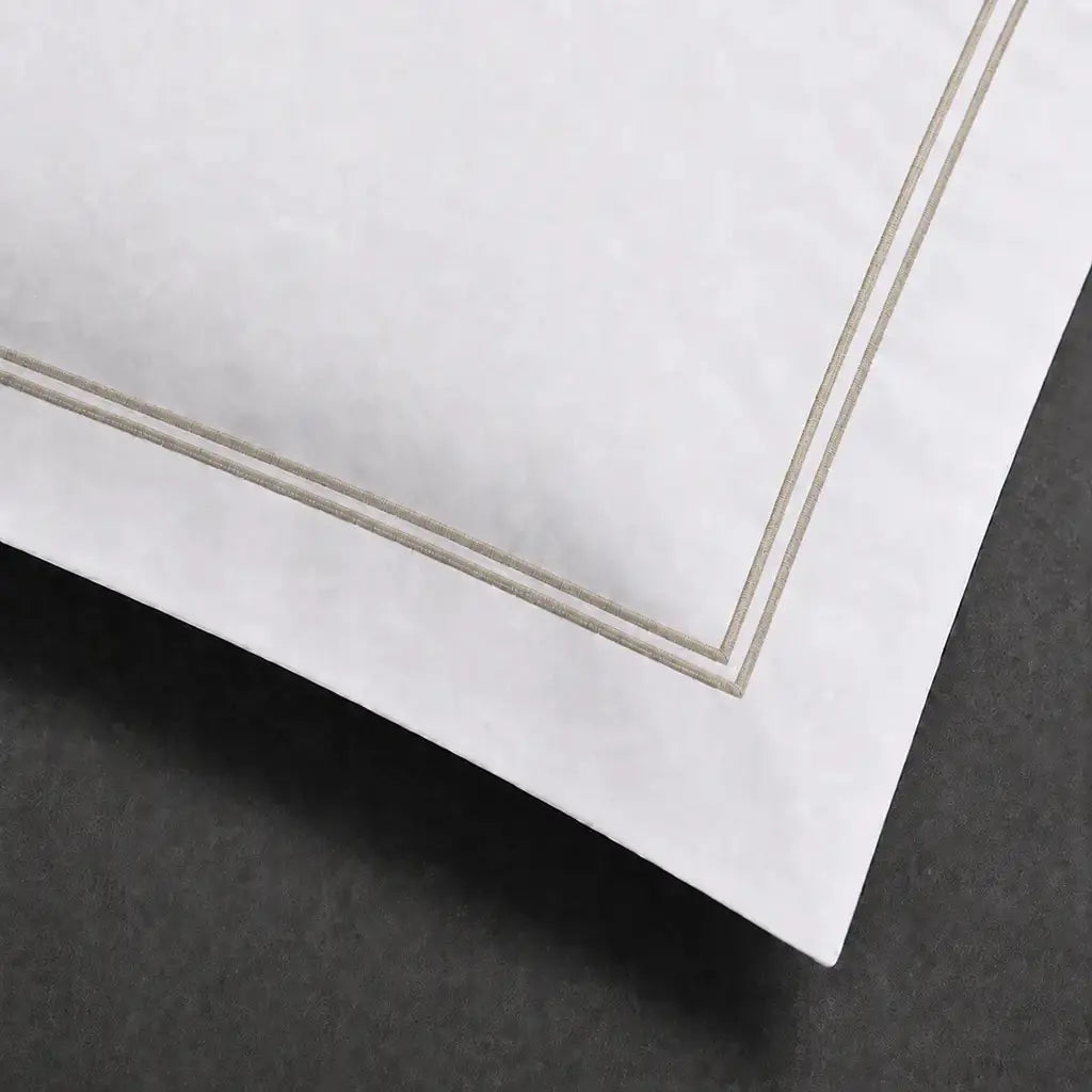 White polycotton percale 200TC Oxford pillow case, Standard and King, stone two-row satin stitch — close-up detail.