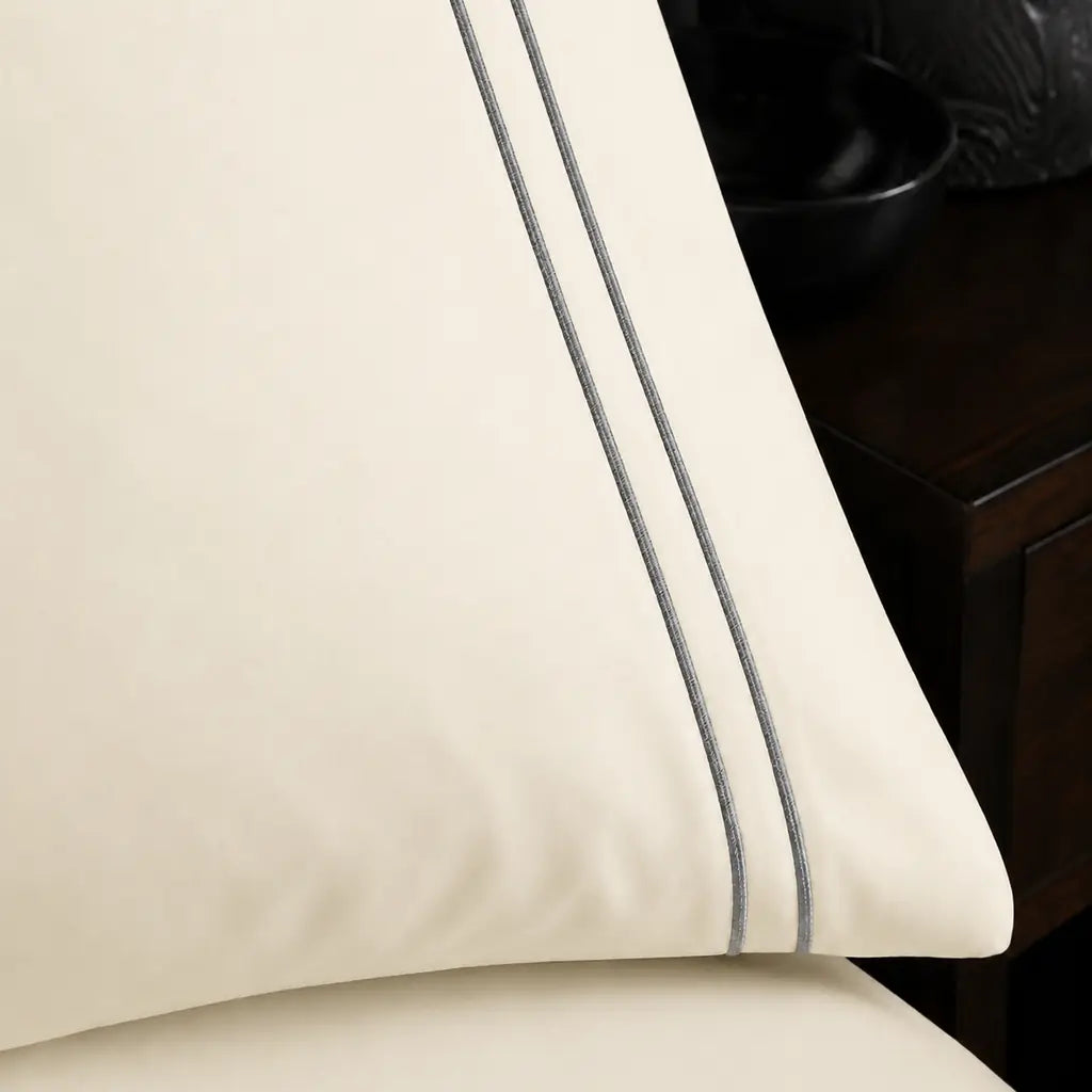 Cream 200TC plain duvet cover with Grey two row satin stitch - close-up satin stitch - Linen and Co