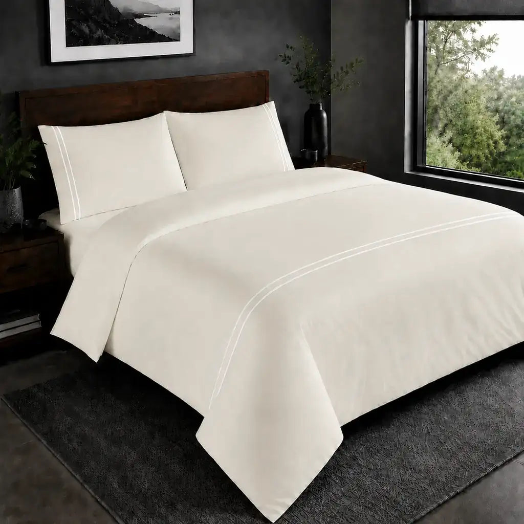 Cream 200TC plain duvet cover with White two row satin stitch - hero - Linen and Co