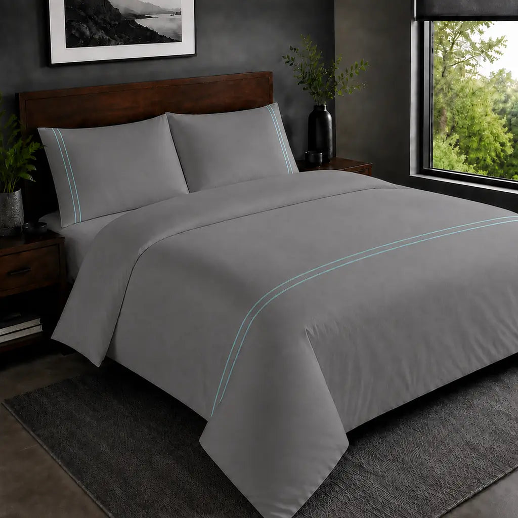 Grey 200TC plain duvet cover with Duck Egg two row satin stitch - hero - Linen and Co