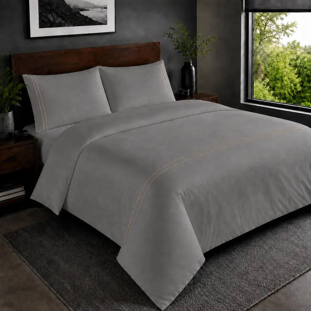 Grey 200TC plain duvet cover with Stone two row satin stitch - hero - Linen and Co