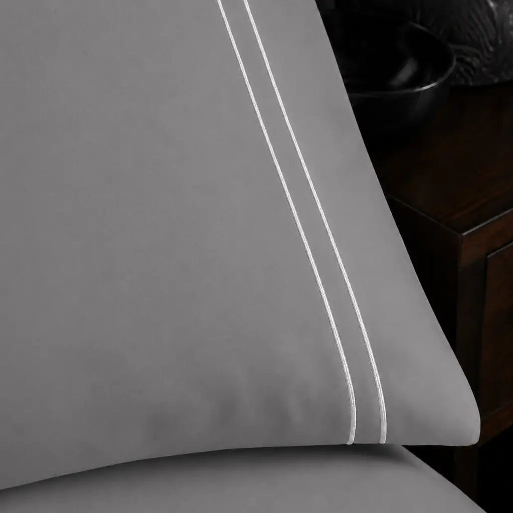 Grey 200TC plain duvet cover with White two row satin stitch - close-up satin stitch - Linen and Co